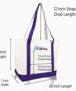 Purple monogram tote bag front view with dimensions.