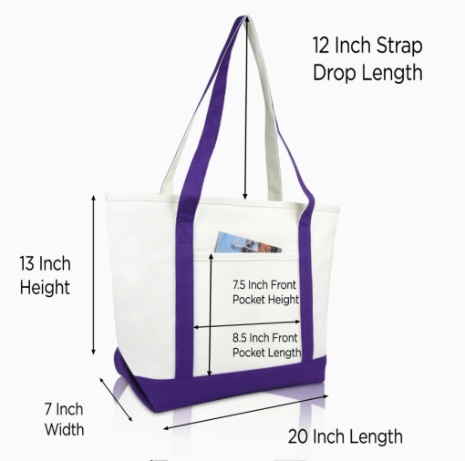 Purple monogram tote bag front view with dimensions.