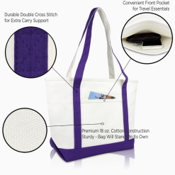 Purple monogram tote bag call outs.