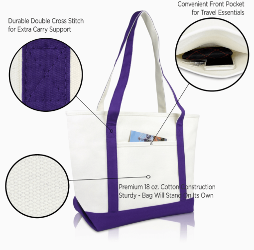 Purple monogram tote bag call outs.