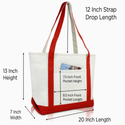 Red monogram tote bag front view with dimensions.