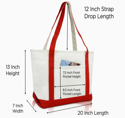 Red monogram tote bag front view with dimensions.