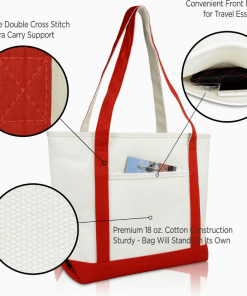 Red monogram tote bag callout options.