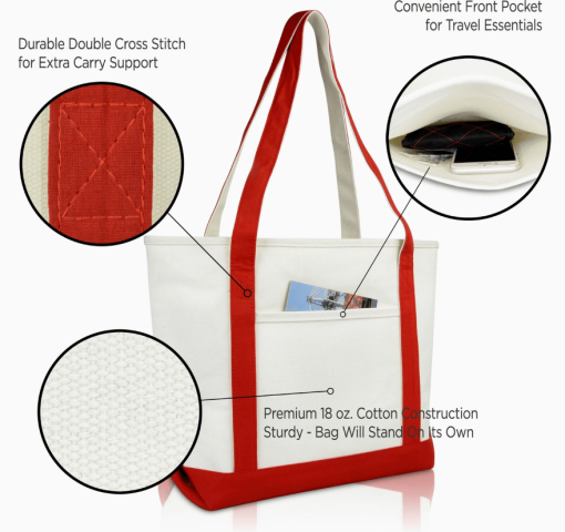 Red monogram tote bag callout options.