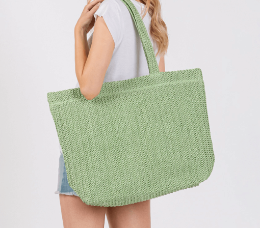 Crochet Straw Tote in Olive product shot.