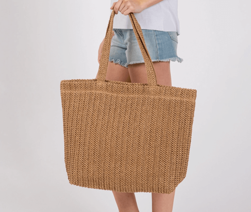 Crochet Straw Tote in Taupe product shot.