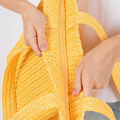 Crochet Straw Tote in Yellow closeup of zipper.