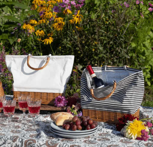 Willow White Fabric and striped bags shown side by side.