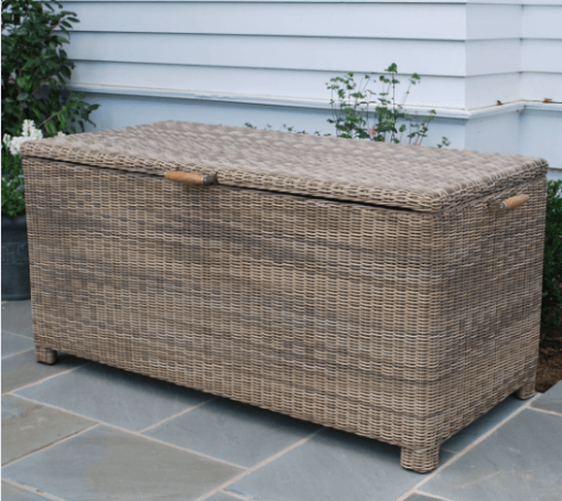 67" All weather wicker storage box outside closed lid.