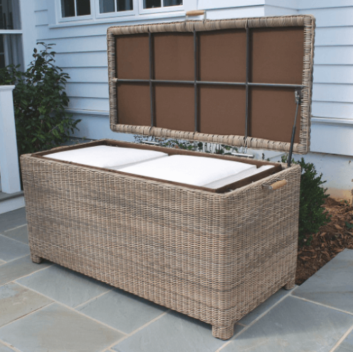67" All weather wicker storage box outside open lid.
