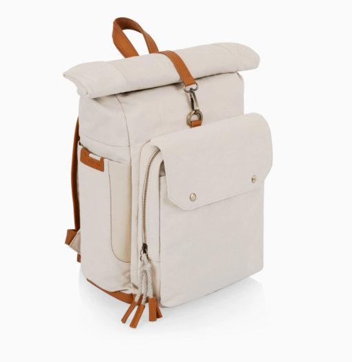 Carmel backpack cooler in tan angled view