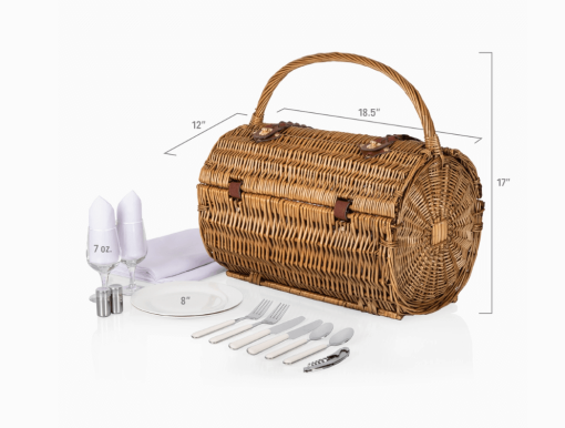 Barrel Wicker basket closed with dimensions and pieces outside shown.