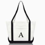 Black monogram tote bag front view.