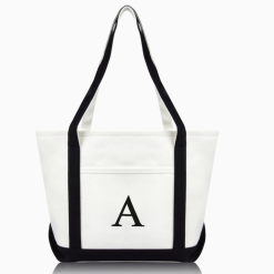 Black monogram tote bag front view.