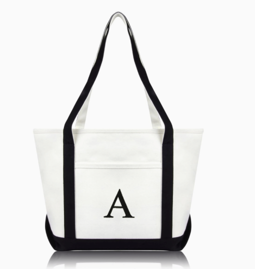Black monogram tote bag front view.