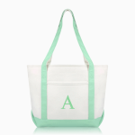 Mint Green monogram tote bag front view.
