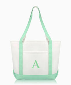 Mint Green monogram tote bag front view.