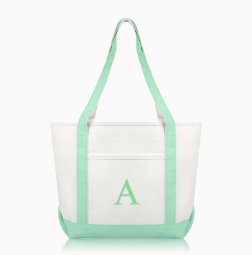 Mint Green monogram tote bag front view.
