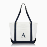 Navy monogram tote bag front view.