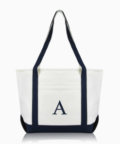 Navy monogram tote bag front view.