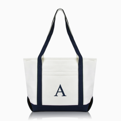 Navy monogram tote bag front view.