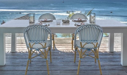 Cafe dining side chair shown in white/french blue color.