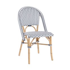 Cafe side chair with white and royal blue wicker.