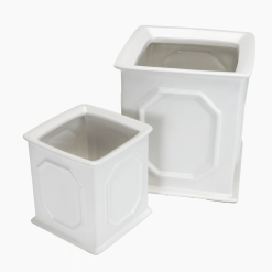2 White Ceramic geometric planters, top view