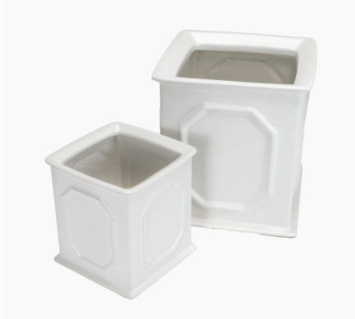 2 White Ceramic geometric planters, top view
