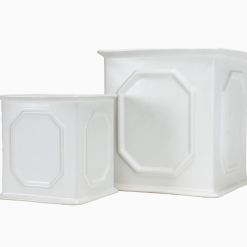 2 White Ceramic geometric planters, angled view