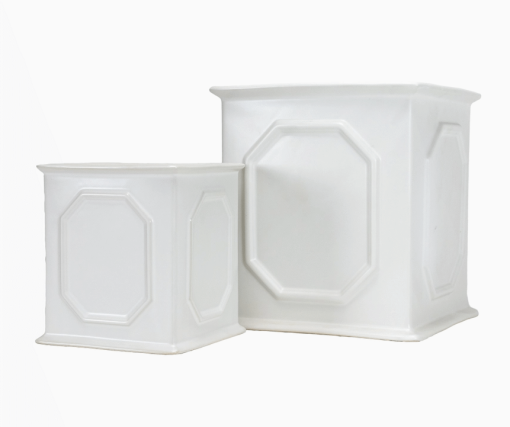 2 White Ceramic geometric planters, angled view