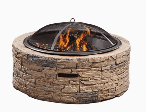 35" cast stone fire pit with fire in bowl.