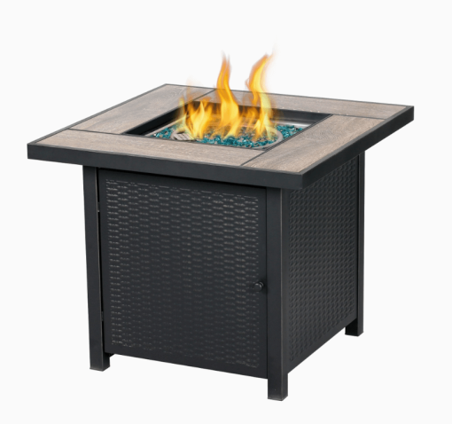 30" Gas Fire pit with fire on.