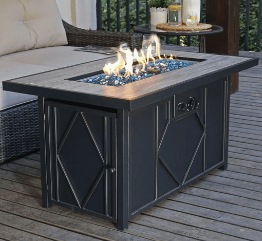 42" Gas Fire pit with blue fire glass patio view.