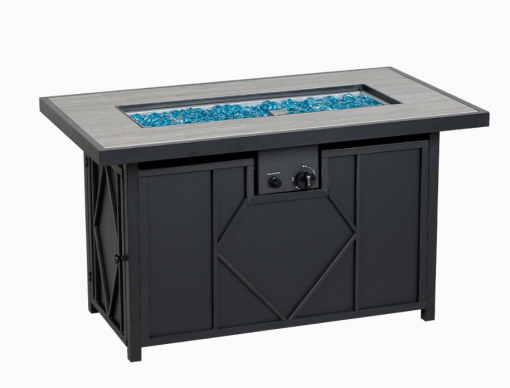 42" Gas Fire pit with blue fire glass angled view.