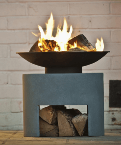 16" Oval Steel fire bowl lit lifestyle front view