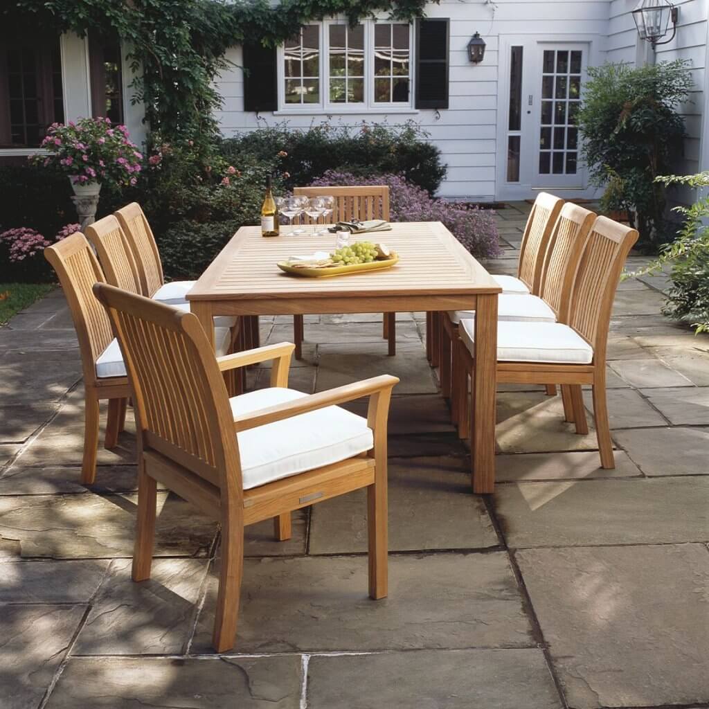 Wainscott teak rectangular table outside.