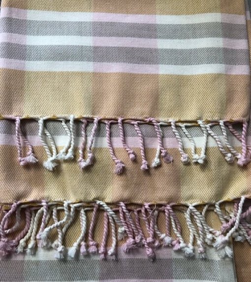 Pink, yellow, grey Plaid throw fringe