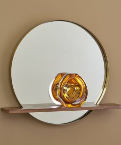 Round mirror walnut shelf with glass vase