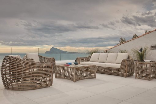 Ruby sofa with coffee table and arm chair lifestyle.