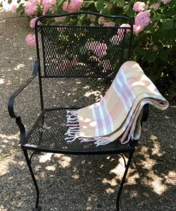 Pink, yellow, grey Plaid throw lifestyle 1