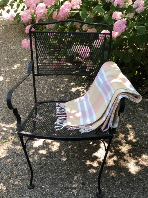 Pink, yellow, grey Plaid throw lifestyle 1