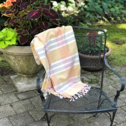 Pink, yellow, grey Plaid throw lifestyle 2