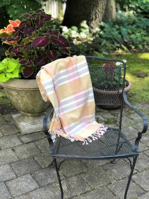 Pink, yellow, grey Plaid throw lifestyle 2