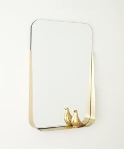 Rectangular mirror with brushed brass shelf.