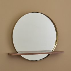 Round mirror with walnut shelf