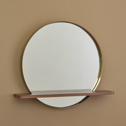 Round mirror with walnut shelf