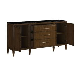 Eave credenza angled open doors and drawers.